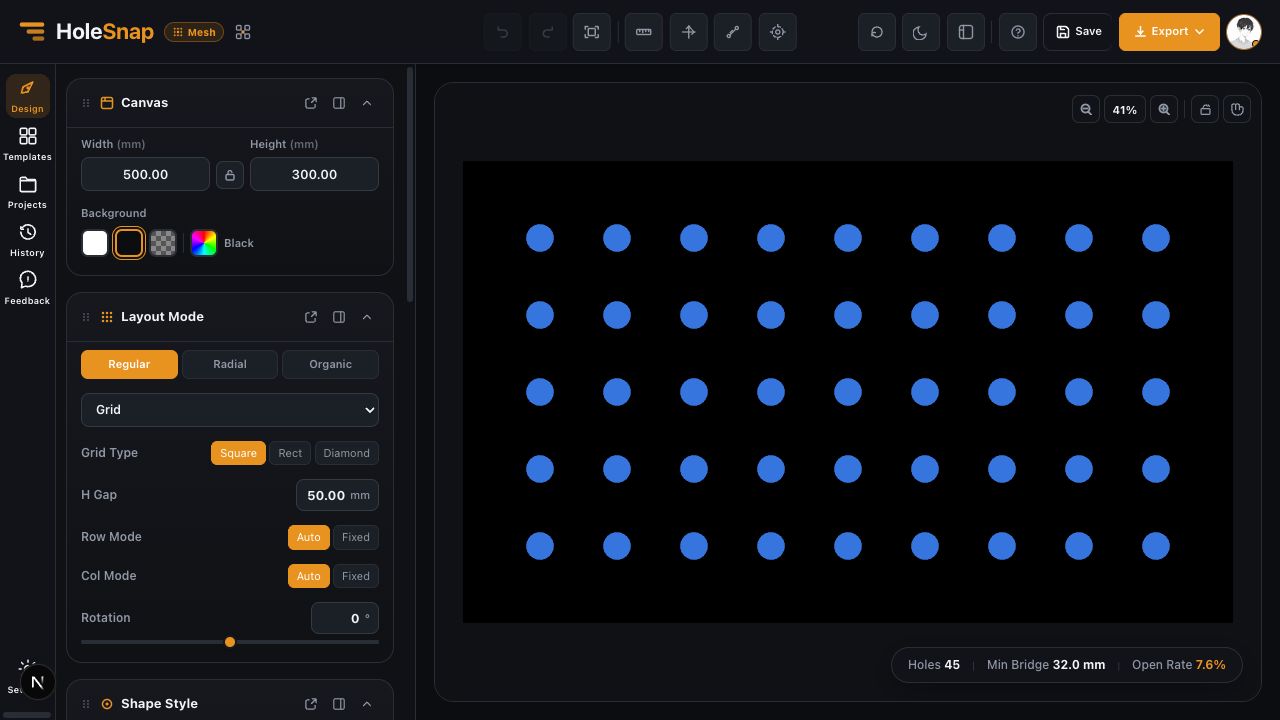 HoleSnap Mesh pattern editor